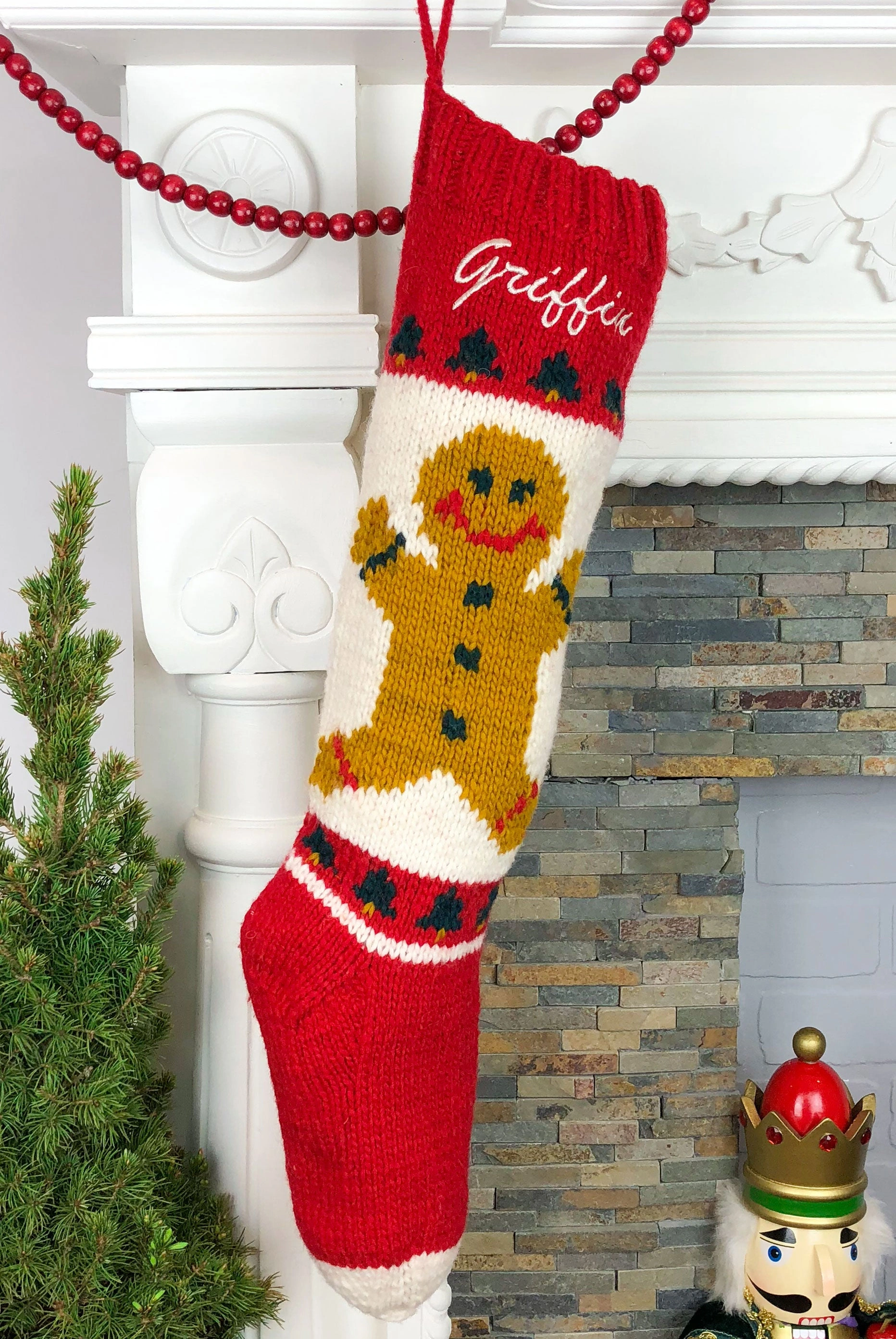 Hand-Knit Gingerbread Boy Christmas Stocking - Festive Winter Charm!